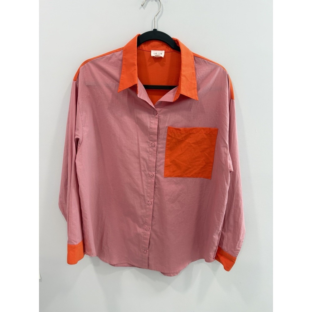 Le Lis Pink Orange Colorblock Cotton Button Front Oversized Shirt Small Top
